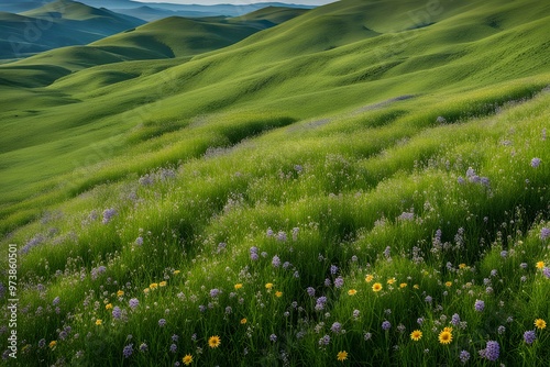 Rolling green hills covered in lush grass with wildflowers blooming throughout the meadow, AI Generated photo