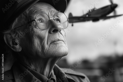 A veteran gazing up at a warplane flying overhead, with a distant look of remembrance in their eyes.