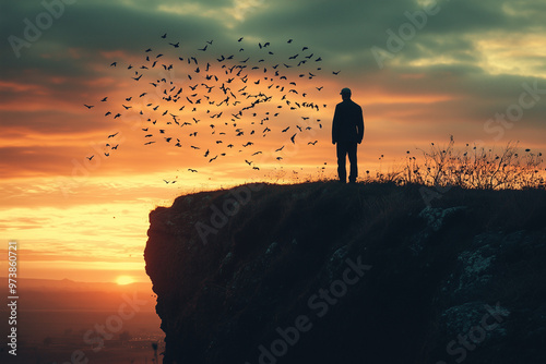 A veteran standing at the edge of a cliff overlooking a battlefield-turned-memorial, with birds flying overhead.
