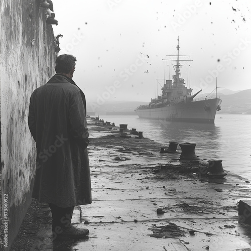 A veteran standing on a pier, looking out at a distant naval s
