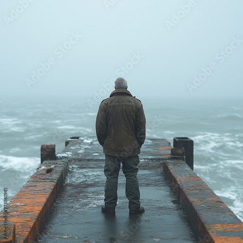 A veteran standing on a pier, looking out at a distant naval s