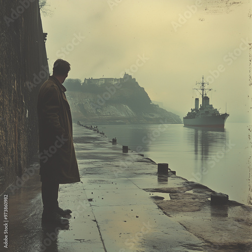 A veteran standing on a pier, looking out at a distant naval s