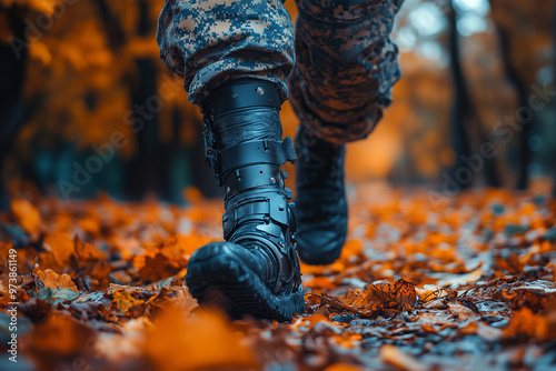A veteran with a prosthetic leg walking confidently in a park, symbolizing resilience and strength after war.