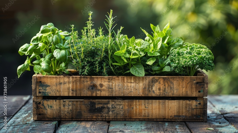 Wooden crate with a variety of fresh green potted culinary herbs growing outdoors in a backyard garden Wooden crate with a variety of fresh green potted culinary herbs growing outdoors in a backyard garden