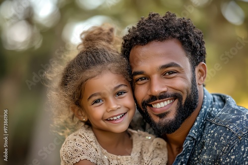A father and daughter smile happily at the camera, their faces illuminated by the warmth of a sunny day.