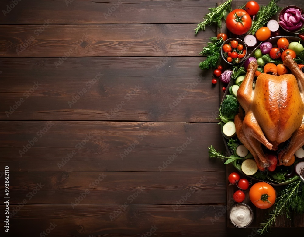 Roasted turkey with fresh vegetables and herbs on a rustic wooden background, with copy space. Roasted turkey with fresh vegetables and herbs on a rustic wooden background, with copy space.