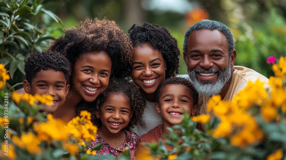 A happy multigenerational family smiles for the camera surrounded by yellow flowers. A happy multigenerational family smiles for the camera surrounded by yellow flowers.