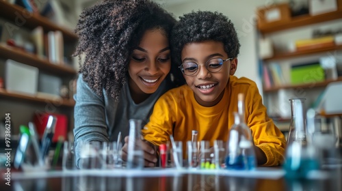 A mother and her son are conducting a science experiment together. They are both smiling and looking at the beakers in front of them.