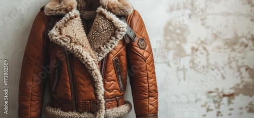 Brown leather jacket with fur collar on a white background. photo