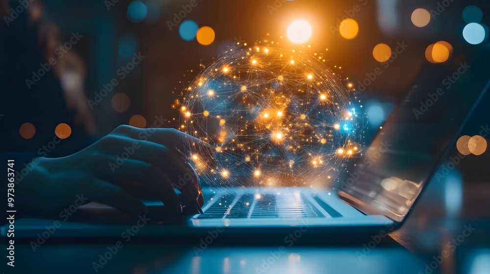 Person Typing on a Laptop with a Glowing Network Sphere Person Typing on a Laptop with a Glowing Network Sphere