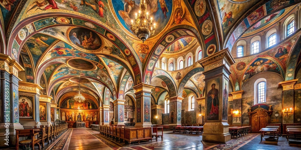 Fototapeta premium Ancient stone church interior features a majestic barrel-vaulted ceiling adorned with ornate frescoes, showcasing