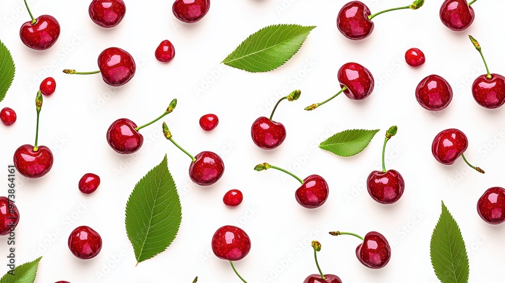 Fresh Red Cherries and Green Leaves Pattern on White Background Fresh Red Cherries and Green Leaves Pattern on White Background