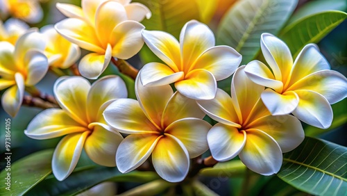 Extreme close-up of white and yellow plumeria frangipani flowers