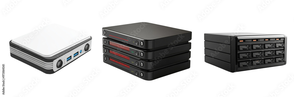 A set of NAS Network Attached Storage Isolated in a Transparent Background A set of NAS Network Attached Storage Isolated in a Transparent Background