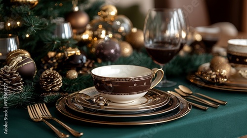 Festive table setting with gold cutlery and chocolate-themed decorations on a brown tablecloth, top-down view, modern and luxurious, high contrast