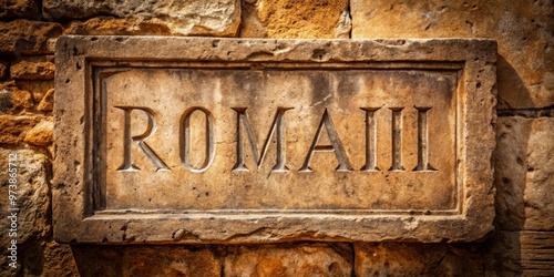 Ancient stone inscription of Roman numeral III, ornate and weathered, set against a rustic background with subtle