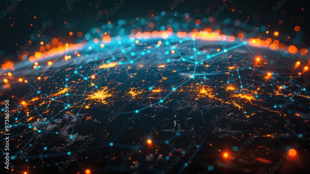 Fototapeta premium A minimalistic 3D render of a digital globe with connected nodes with bright, cheerful colors and ambient lighting, featuring a sleek design and global communication elements.