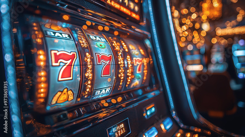 Close-up of slot machine showing a result consisting of a sequence of  numbers 7, illuminated by vibrant lights in a busy casino.
 photo