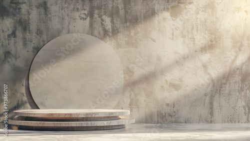 Industrial inspired setting with large circular form leaning against rough and textured wall display