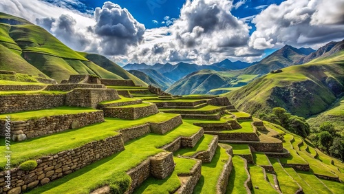 Ancient stone walls and mysterious terracing of Cutimbo archaeological site, set amidst lush green Andean hills and