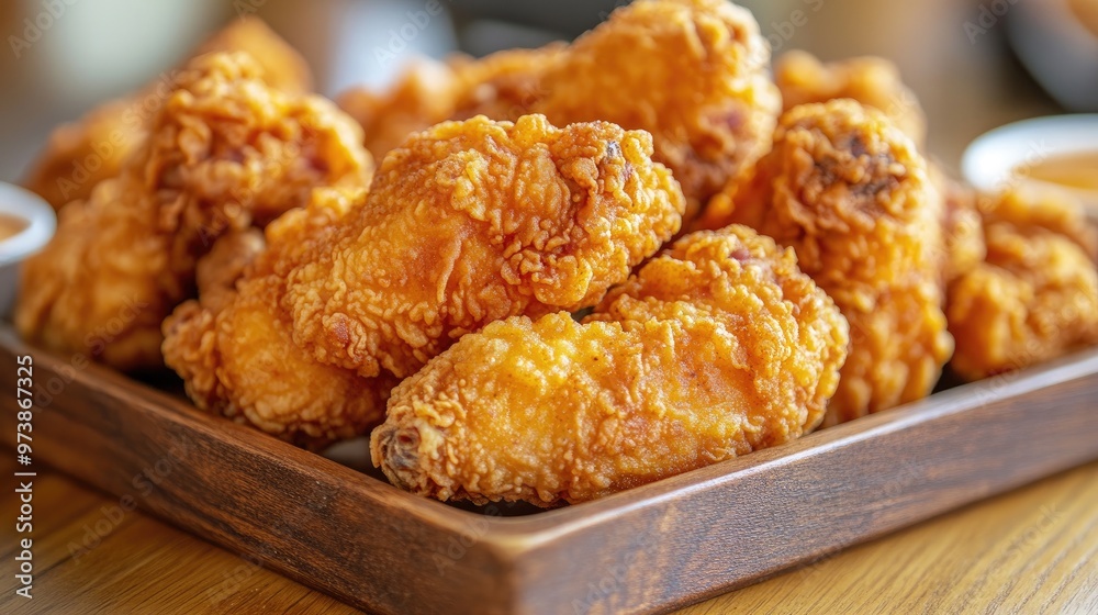 Close-up of golden crispy fried chicken pieces on a wooden tray Close-up of golden crispy fried chicken pieces on a wooden tray