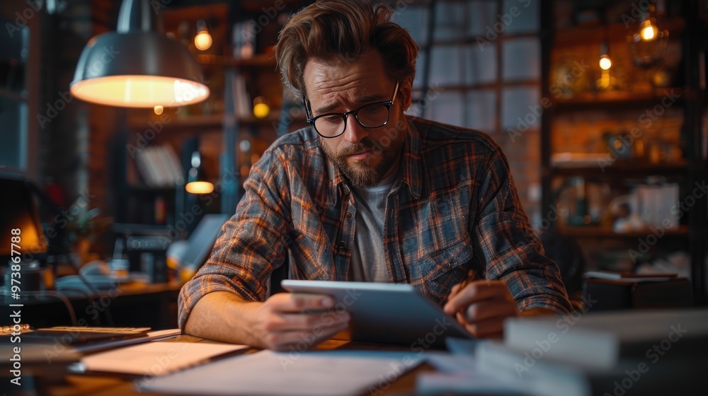 A creative office worker designing a new project on a tablet at a modern office workstation. A creative office worker designing a new project on a tablet at a modern office workstation.