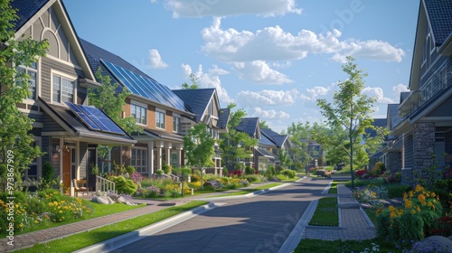 Community solar panels in a suburban neighborhood, featuring bright daylight and vibrant residential setting, incredibly detailed and intricate.