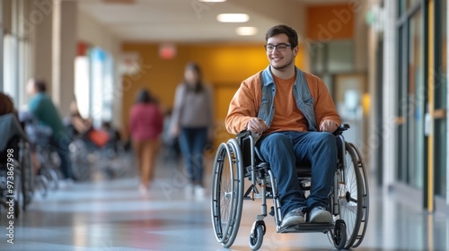 Accessible campus life featuring students with disabilities in various social settings,