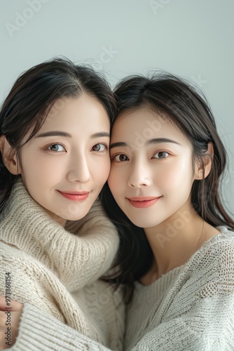 Heartwarming Portrait of Mother and Daughter Embracing in Cozy Sweaters, Radiating Love and Warmth