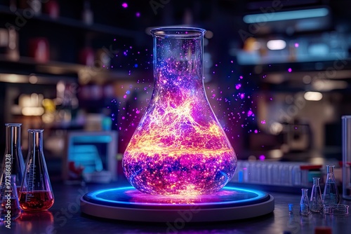 Colorful potion bubbling in a laboratory flask.