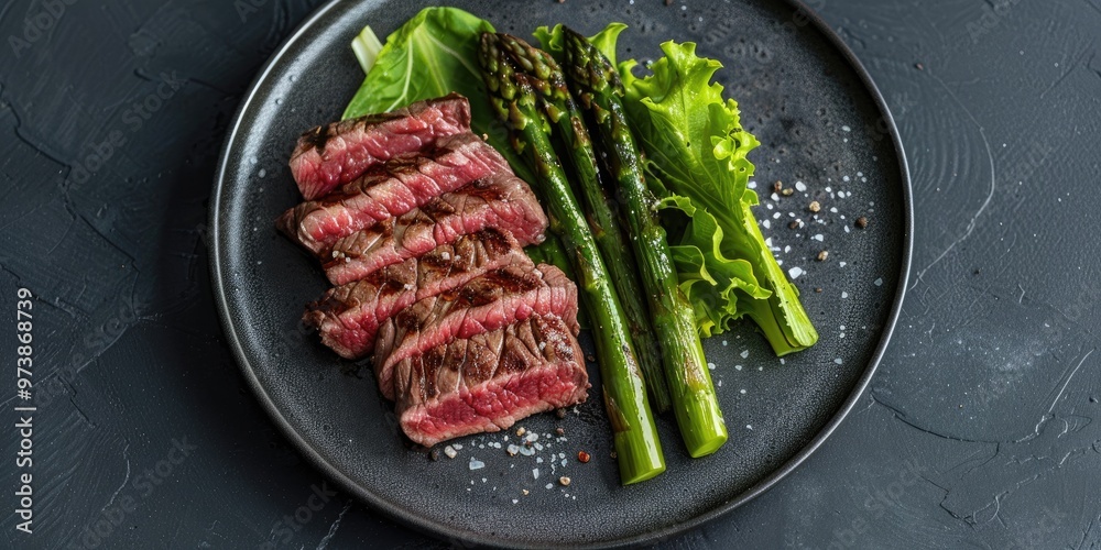 Dry-Aged Wagyu Roast Beef Steak with Green Asparagus and Lettuce Served on a Nordic Style Plate