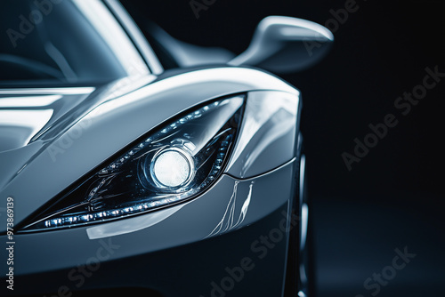 Close-up of headlights on a sleek black sports car under cool blue lighting at night.
 photo