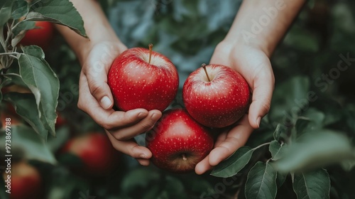 Close-up of hands holding three bright red apples surrounded by green leaves, suggesting a fresh harvest or organic produce from an orchard
