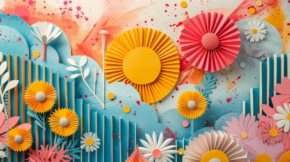 Vibrant Paper Arts Collage with Colorful Flowers and Abstract Shapes in Modern Design Vibrant Paper Arts Collage with Colorful Flowers and Abstract Shapes in Modern Design