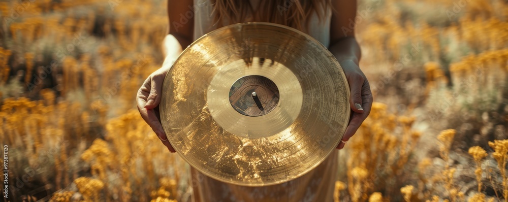 Golden Vinyl Record in Hands Amidst Sunlit Field of Yellow Flowers Capturing Ecstatic Joy and Nostalgia Golden Vinyl Record in Hands Amidst Sunlit Field of Yellow Flowers Capturing Ecstatic Joy and Nostalgia