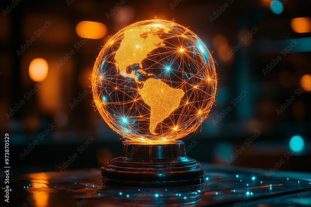 An illuminated globe with glowing orange lines connecting the continents, representing global communication, technology, and networks in a dark, futuristic setting An illuminated globe with glowing orange lines connecting the continents, representing global communication, technology, and networks in a dark, futuristic setting