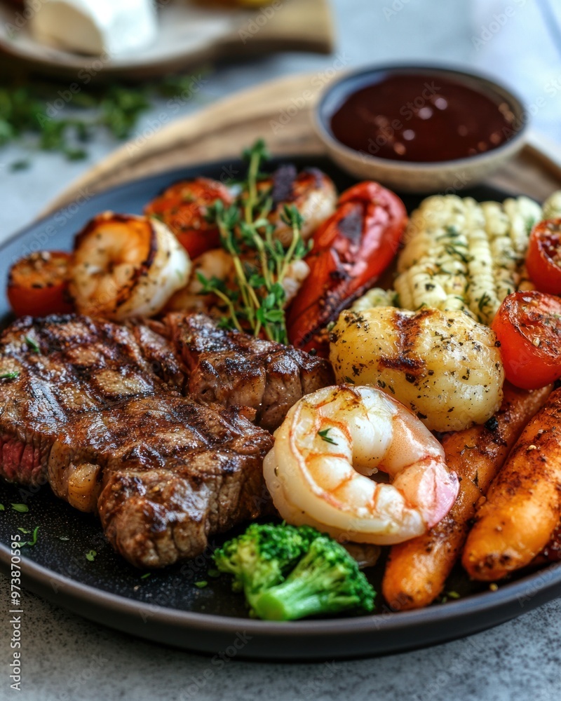 Juicy dinner plate with a combination of steak, shrimp, and vegetables, gourmet style Juicy dinner plate with a combination of steak, shrimp, and vegetables, gourmet style