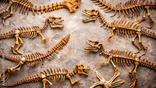 An Arrangement of Dinosaur Skeletons on a Stone Background photo