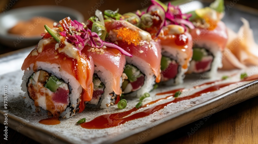 Juicy fusion food combining Japanese sushi rolls with Mexican ingredients, vibrant and unique Juicy fusion food combining Japanese sushi rolls with Mexican ingredients, vibrant and unique