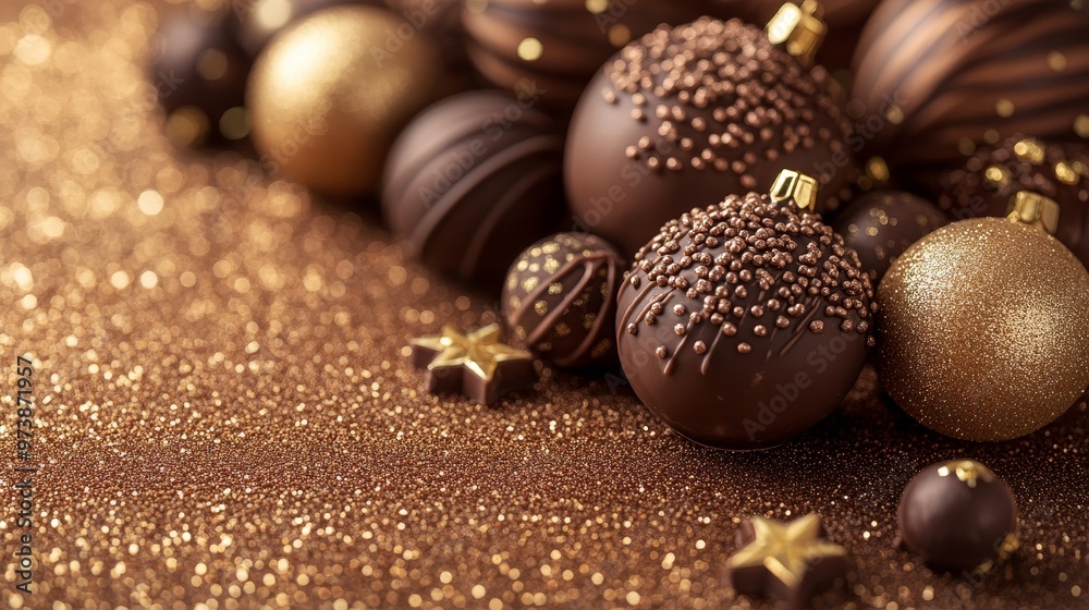 Luxurious chocolate Christmas decorations with gold accents, set against a sleek golden background, embodying elegance and festivity Luxurious chocolate Christmas decorations with gold accents, set against a sleek golden background, embodying elegance and festivity