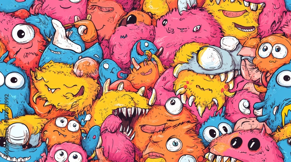 Fototapeta premium Colorful Monster Doodles Seamless Pattern - Fun and Whimsical Cartoon Creatures for Kids' Designs, Fabrics, and Wallpapers
