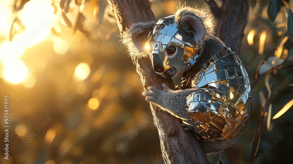 Metallic Robotic Koala Embracing Futuristic Tree in Sunset Glow