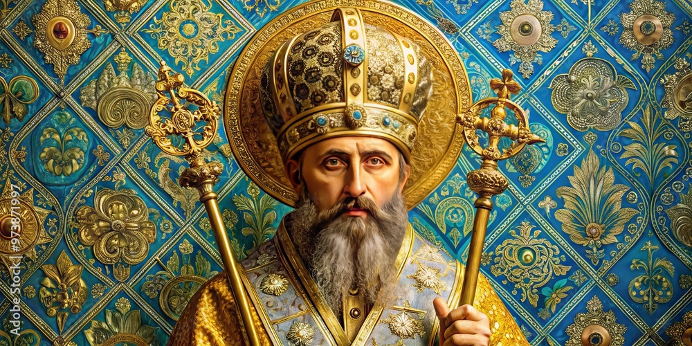 Obraz premium An ornate, gilded icon of a bearded bishop with a mitre and staff, set against a richly textured
