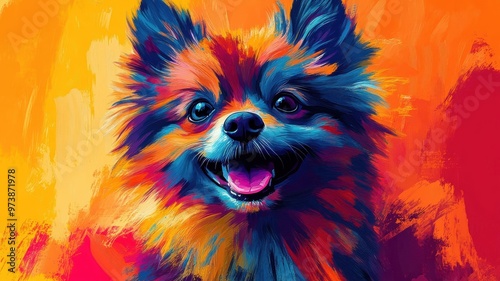 Pomeranian illustrated in Abstract Expressionism style, with bold, vivid strokes reflecting its energetic and cheerful personality.