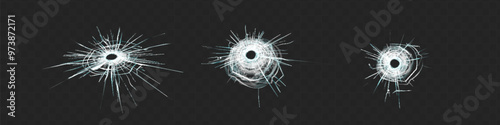 Broken glass triple bullet holes in glass isolated on black
