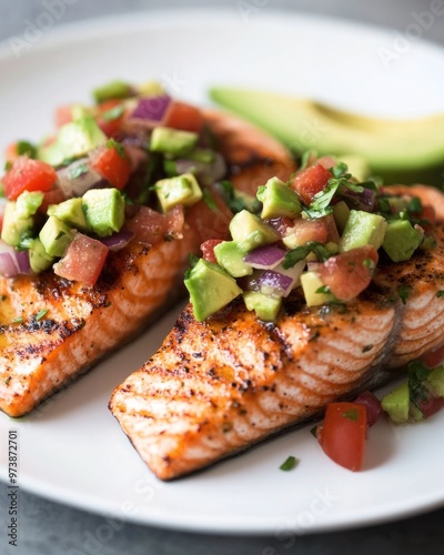 Juicy keto recipes featuring grilled salmon with avocado salsa, presented on a white plate photo