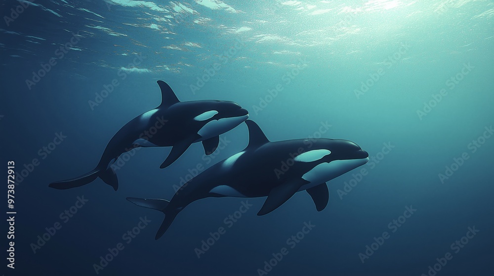 Fototapeta premium Two orcas swimming gracefully in the deep blue sea, illuminated by gentle rays of light from the surface, creating a tranquil and serene underwater scene