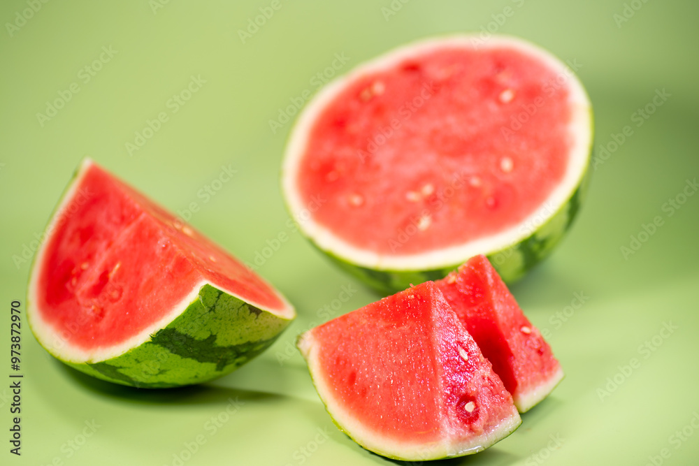 The watermelon and the sliced watermelon piece in green background The watermelon and the sliced watermelon piece in green background