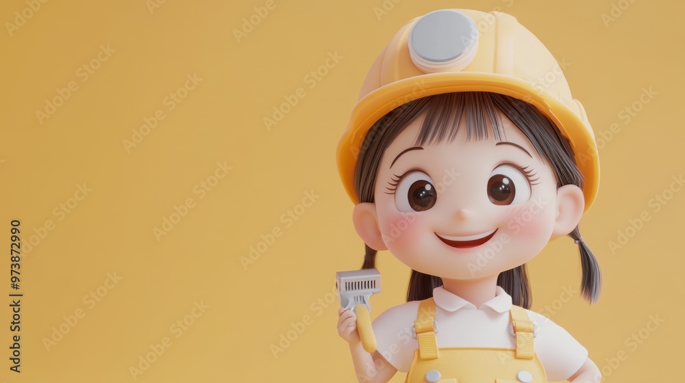A cheerful cartoon character in a construction outfit holding a paint roller. A cheerful cartoon character in a construction outfit holding a paint roller.