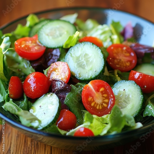 Juicy low-calorie salad with mixed greens, cherry tomatoes, cucumbers, and a light vinaigrette photo